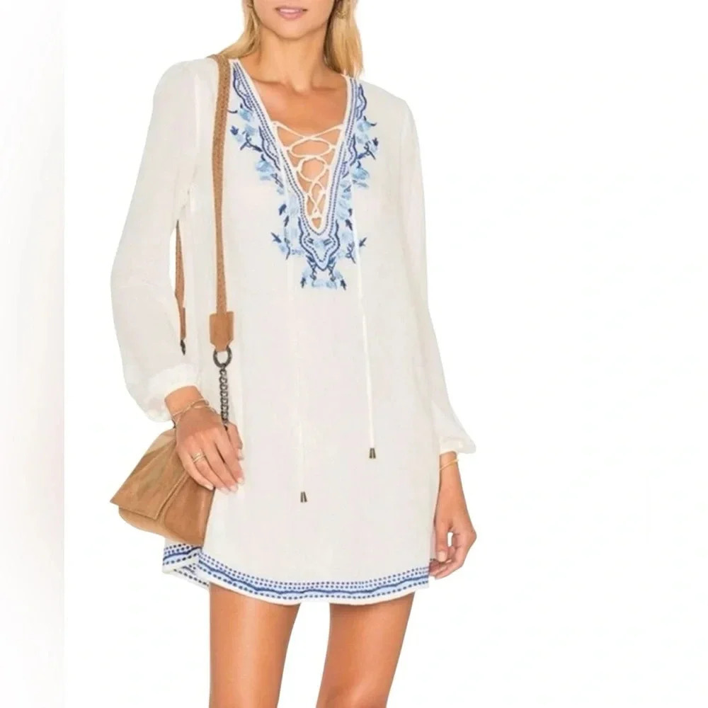 Lovers And Friends Dance With Me White Blue Embroidered Tunic Mini Dress Size XS